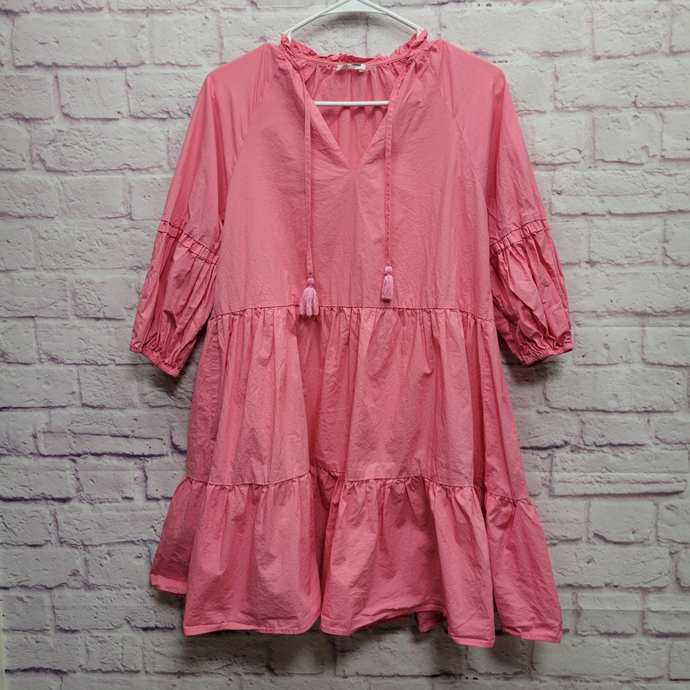 Day + Moon Pink Smock Cotton Tiered Mini Dress Sz S Tassel Cottagecore Prairie‎